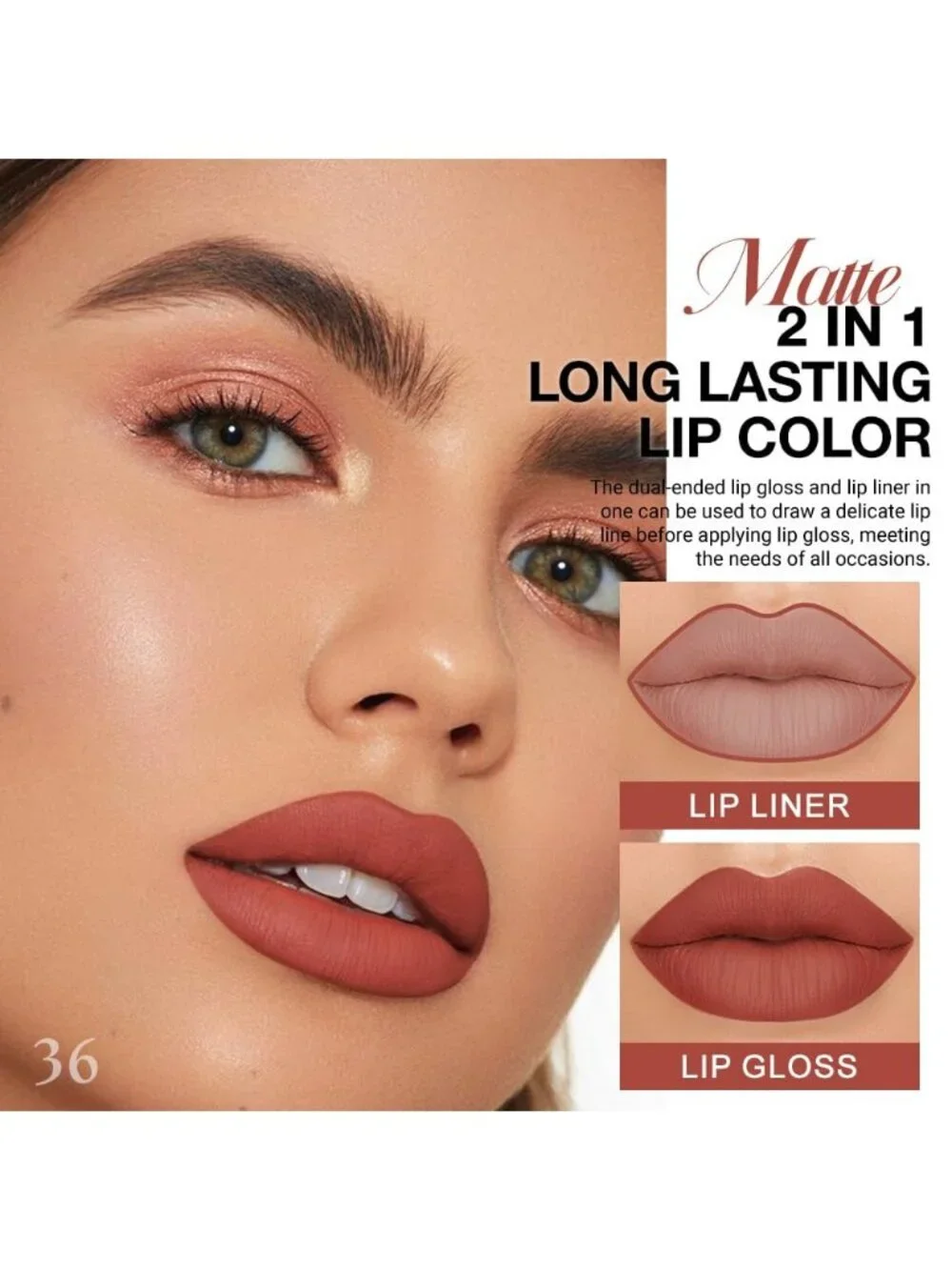 36#-Reddish Brown 2-in-1 Waterproof Long Lasting Double-Ended Liquid Lipstick